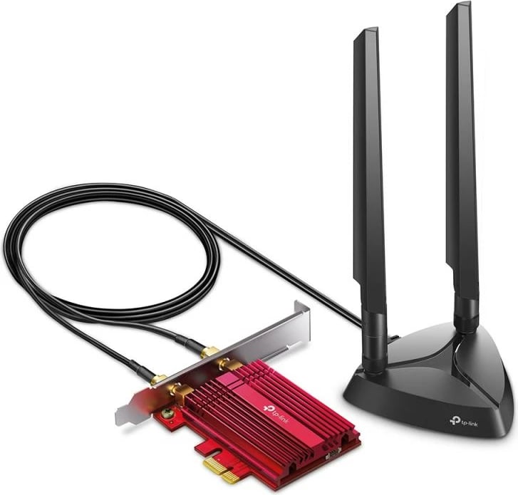 Adapter rrjeti Wi‑Fi 6E PCIe, TP-Link Archer TXE75E, tri-band, antena të jashtme me bazë magnetike, WPA3, Windows 10/11