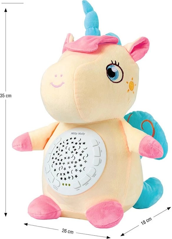 lodër pelushi me projektor, Milly Mally njëbrirësh, 10 ninulla, 5 zhurma të bardha, kohëmatës 30/60/90 min, 7 konfigurime drite, 3xAA, e verdhë