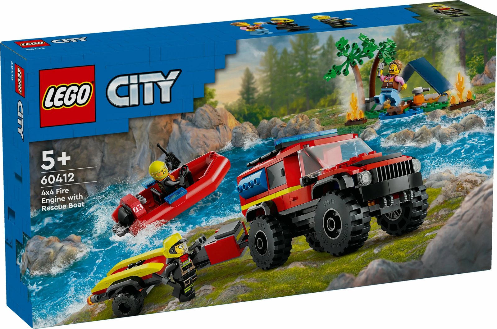 Set ndërtimi LEGO City 4x4 Kamion Zjarri me Varkë Shpëtimi 301 pjesë, multingjyrësh