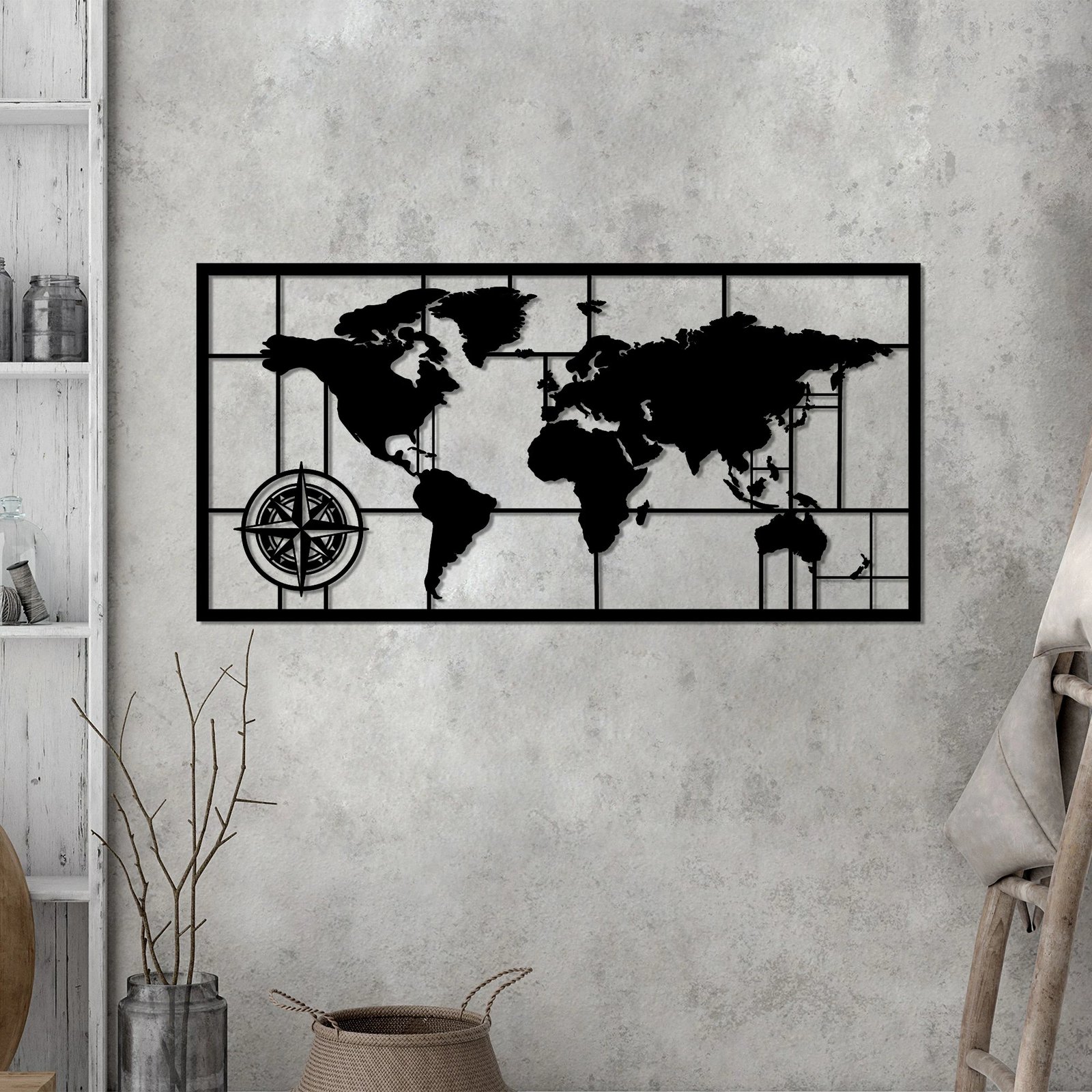 Aksesor dekorativ metalik për mur, hartë bote, Wallity, 81x40cm, e zezë