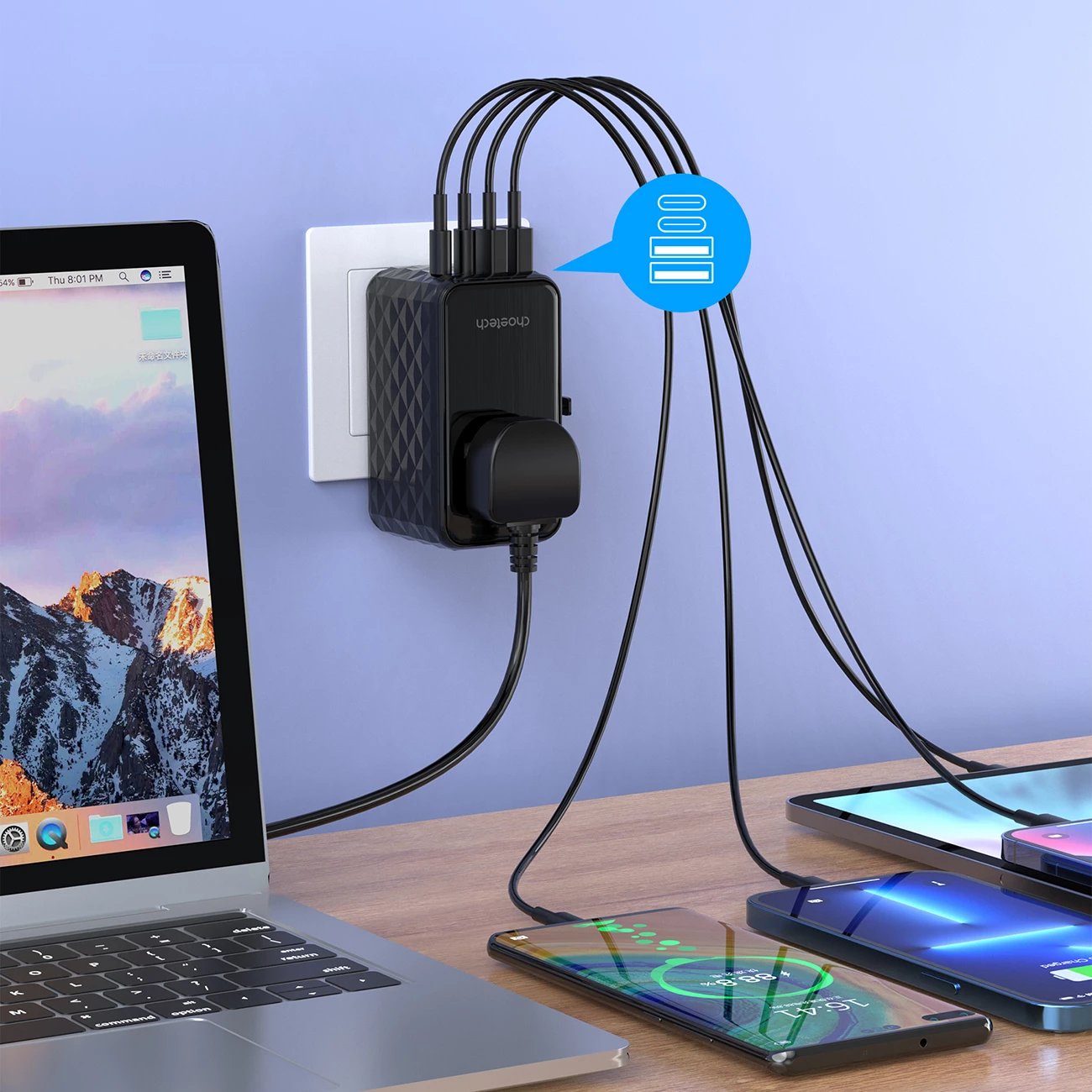 Adapter udhëtimi Choetech PD6028, 4 porta USB (2x USB-C, 2x USB-A), 100W, i zi