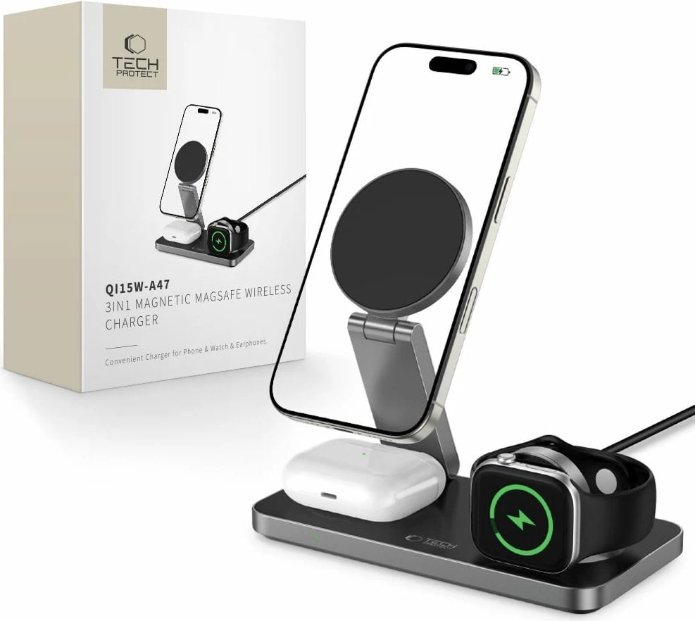 Karikues induktiv 3-në-1 Tech-Protect QI15W-A47 me MagSafe, USB-C, i zi