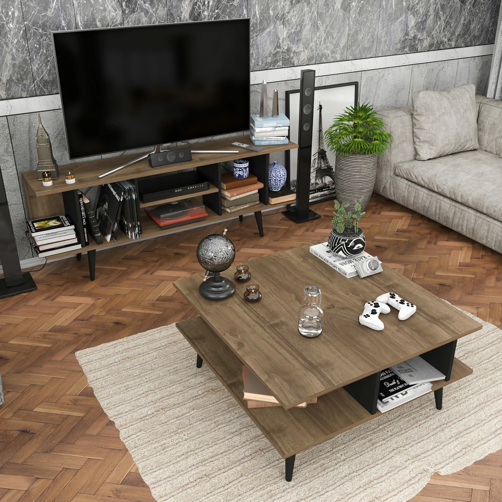 Komodinë TV Skye Decor, ngjyrë arre, e zezë