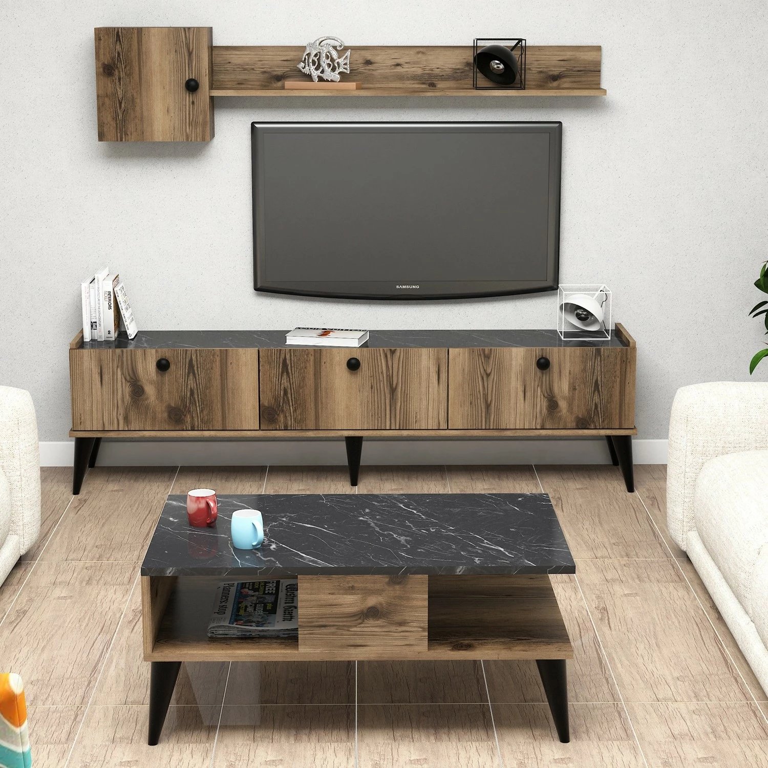 Set mobiljesh për dhomë dite, ngjyrë arre dhe mermeri, Lidya 1