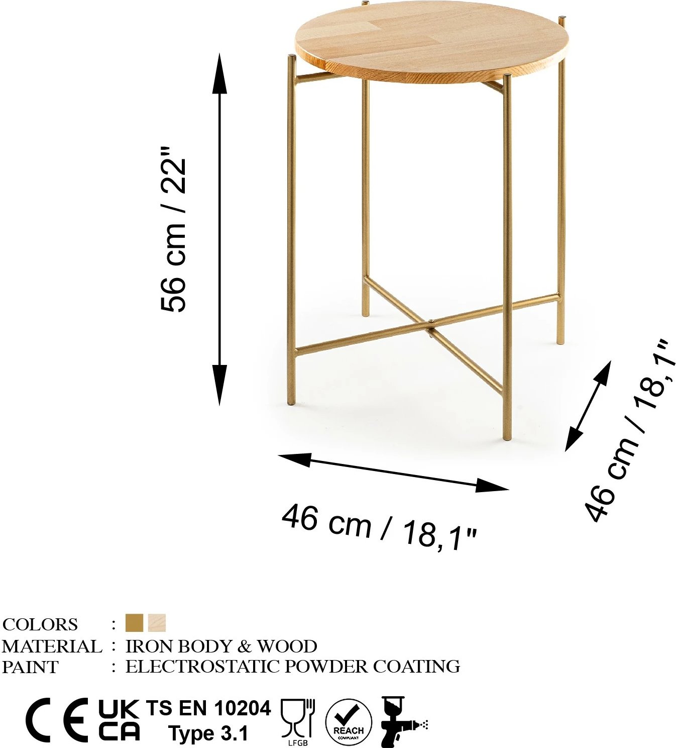 Tavolinë e ulët Hanah Home, SHB-004-A, ngjyrë ari dhe natyrale, 46x56x46 cm