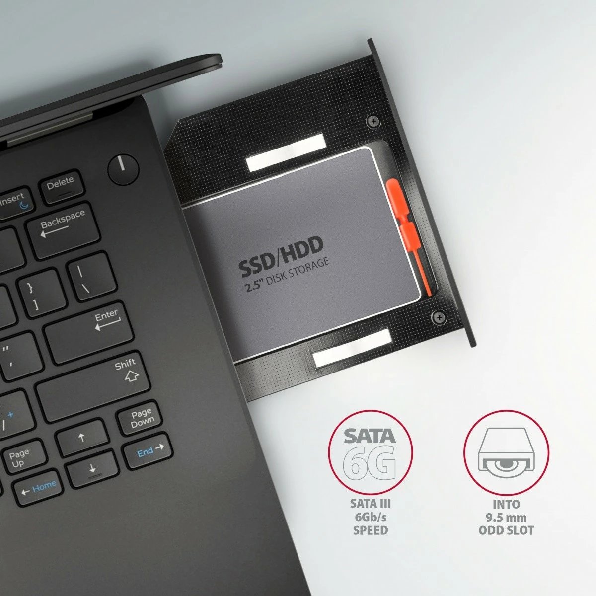 Kasë AXAGON RSS-CD09 për SSD/HDD 2.5", për slot DVD 9.5mm, Alumini, E zezë