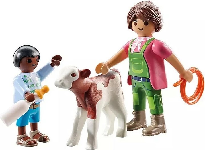Set figurina Playmobil Duo Pack 71803, grua fshatare me fëmijë dhe viç, plastikë