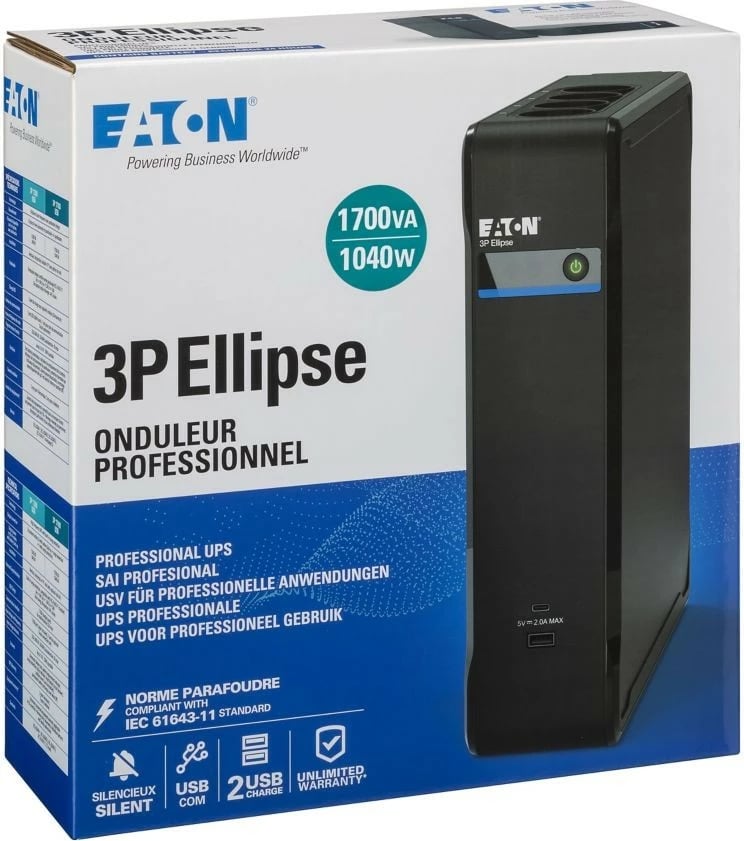 Kasë UPS Eaton 3P Ellipse 1700 USB FR, 1700 VA, 1040 W, E zezë