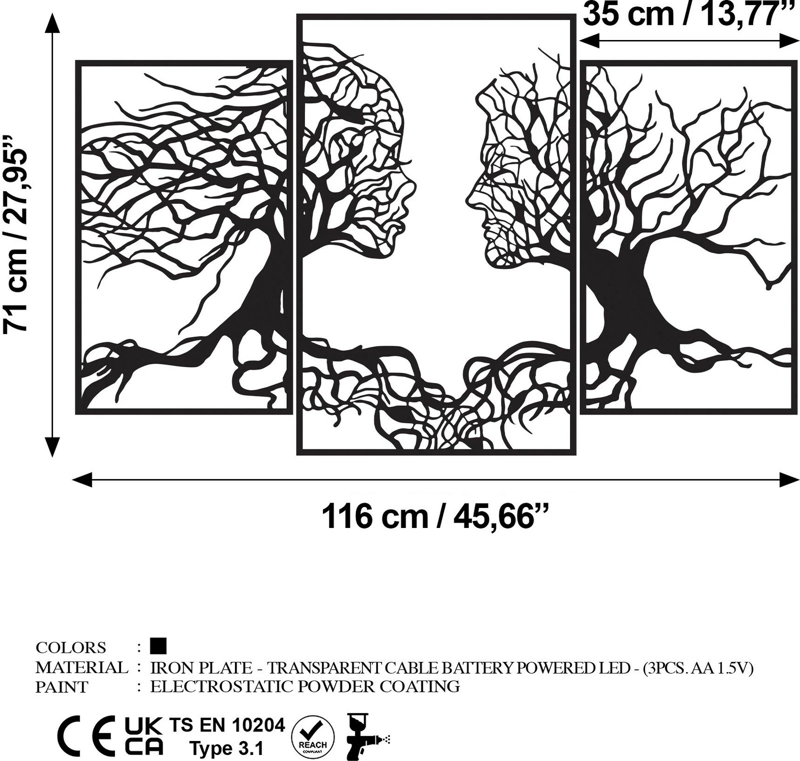 Aksesor dekorativ metalik për mur, Wallity, Tree Person 499, ngjyrë e zezë, 71x116cm
