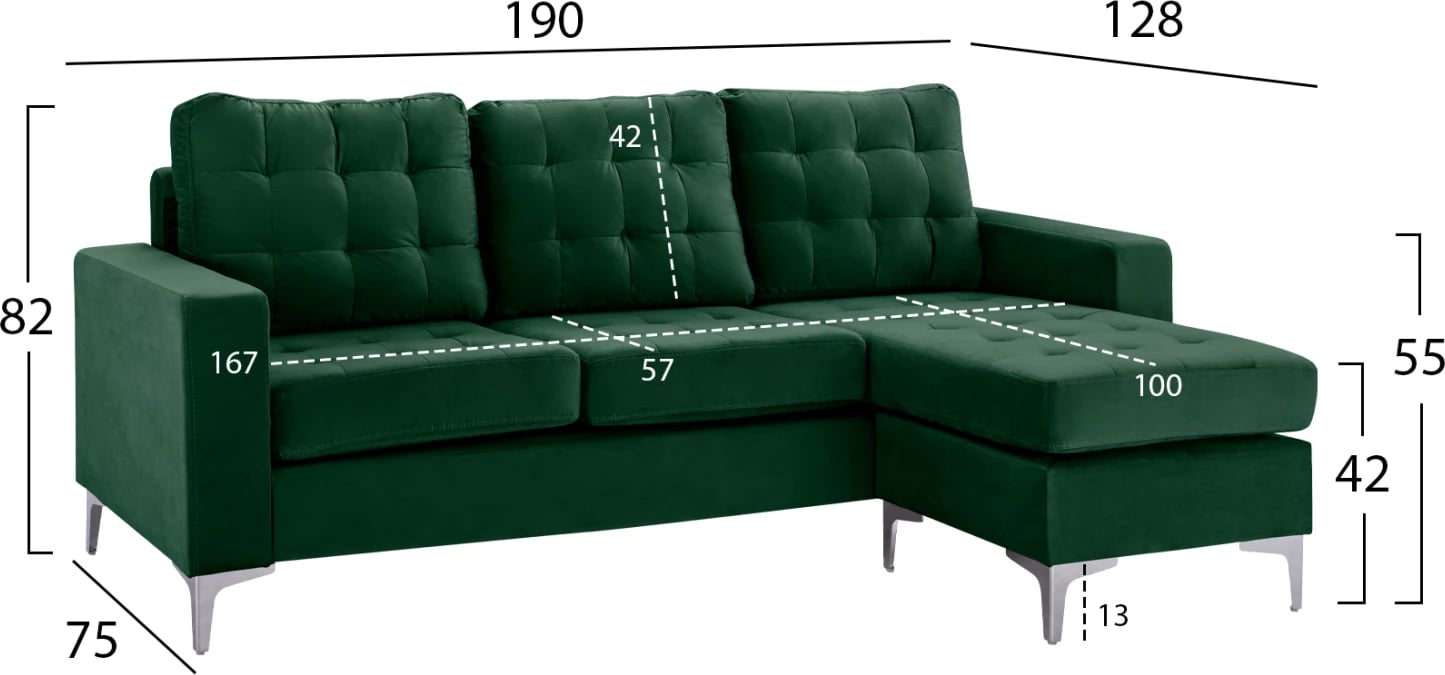 Divan qoshe i kthyeshëm, Santino FH3152.13, kadife jeshile, 190x75-128x82 cm