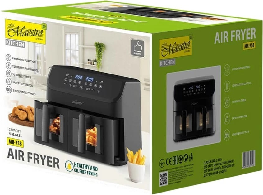 Friteuzë me ajër dyfishe Feel-Maestro MR-758, 9L (2x4.5L), 2000W, 8 programe, ekran LCD, e zezë