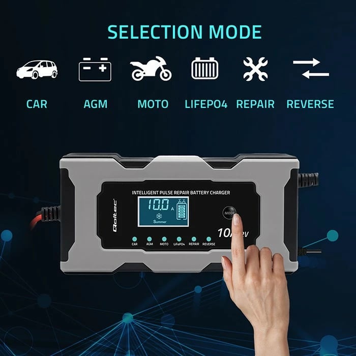 Karikues baterie mikroprocesorik, Qoltec 52493, 12V 10A, funksion riparimi, për AGM/GEL/LiFePO4, LCD, zi/gri