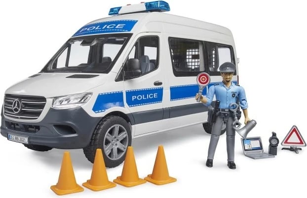 Set policie BRUDER Mercedes-Benz Sprinter BR-02683, shkallë 1:16, me drita/tinguj, me figurë dhe aksesorë, bardhë/blu/zezë