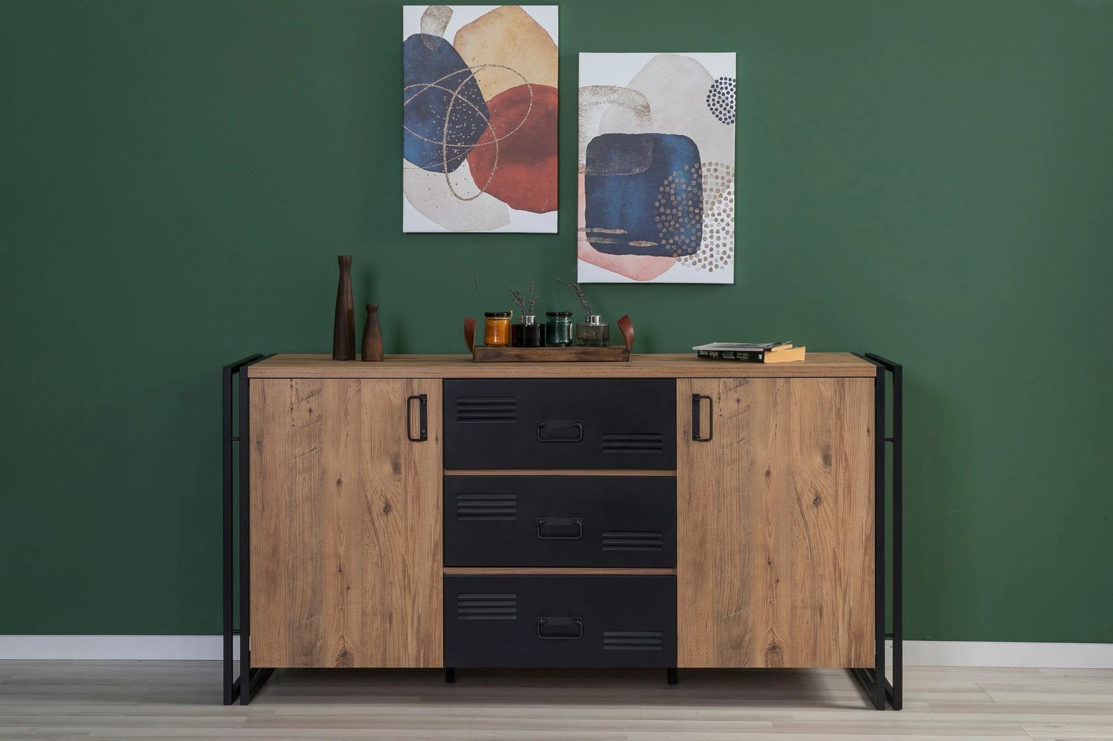 Set mobiljesh për dhomë dite, ngjyrë pishë Atlantike dhe e zezë, Cosmo Takım 22