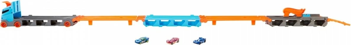 Kamion lodër Hot Wheels Race Transporter 2-in-1 me 3 makina, kaltër/hiri/portokalli