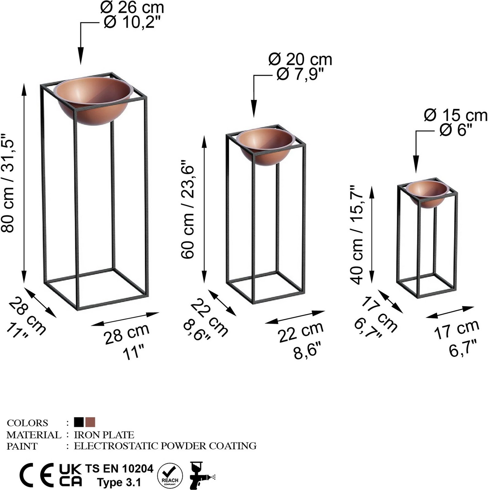 Vazo dekorative, ngjyrë e zezë dhe bakri, Evila Originals, GED-019-B, set prej 3 copësh