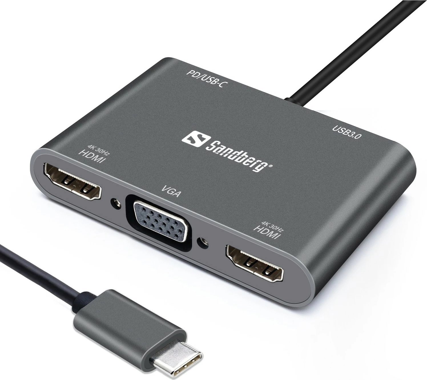 Dock USB-C Sandberg 2xHDMI+1xVGA+USB+PD, Gri