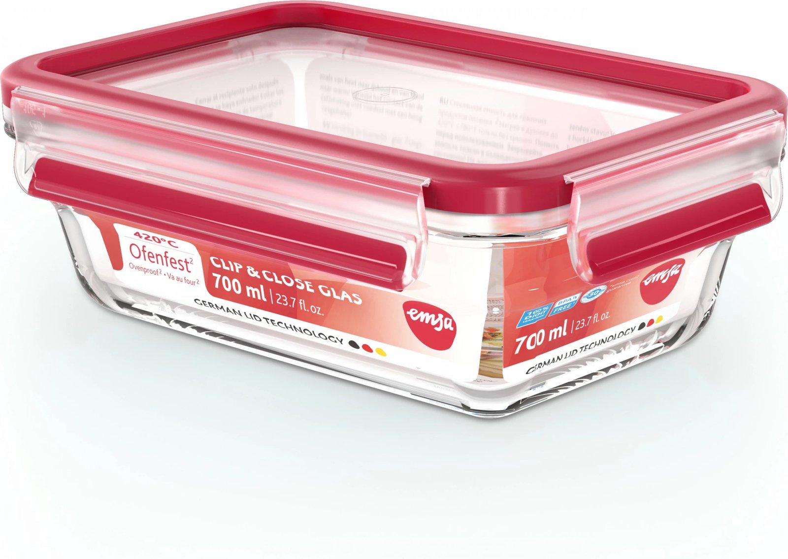 Enë qelqi Emsa Clip & Close N10406 0.7L, e kuqe