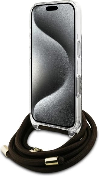 Mbështjellës Guess Crossbody Cord 4G Print për iPhone 16 Pro, Kafe