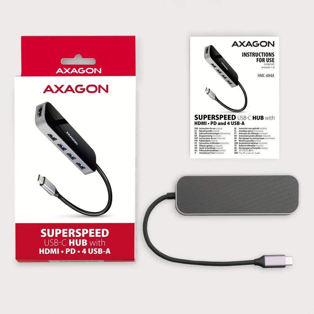 Hub multiport AXAGON HMC-6H4A, 4x USB-A, HDMI, USB-C 3.2 Gen 1, PD 100W, 20cm, zi