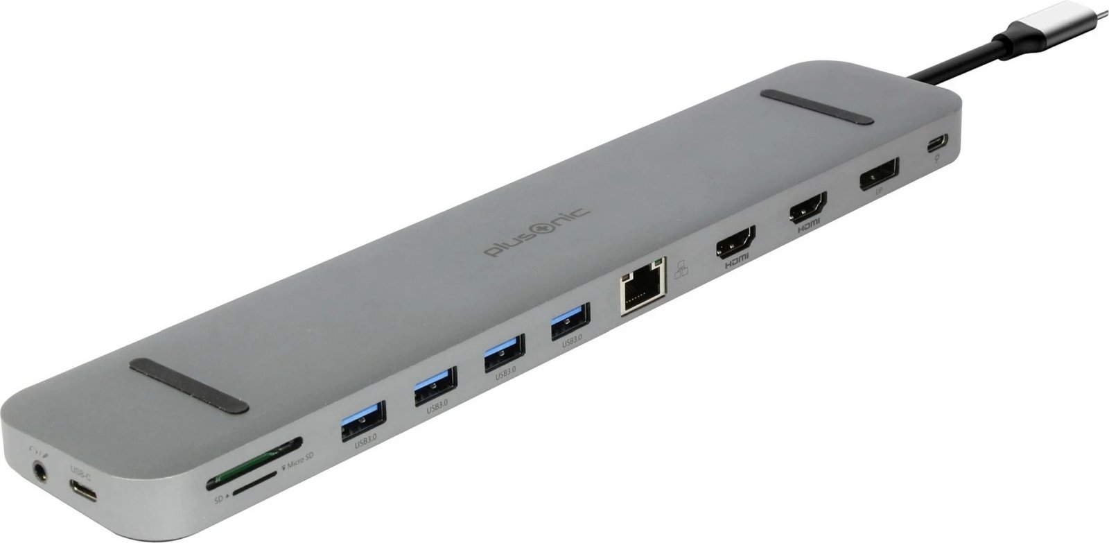 Adapter USB-C Plusonic 9n1 me HDMI, DP, LAN, 4xUSB, lexues kartelash, gri