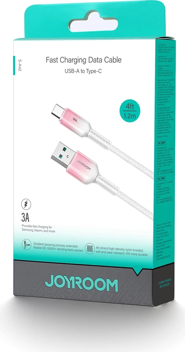 Kabllo Joyroom S-A42 Crystal-Clear Series, USB-A në USB-C, 1.2m, 3A, Bardhë
