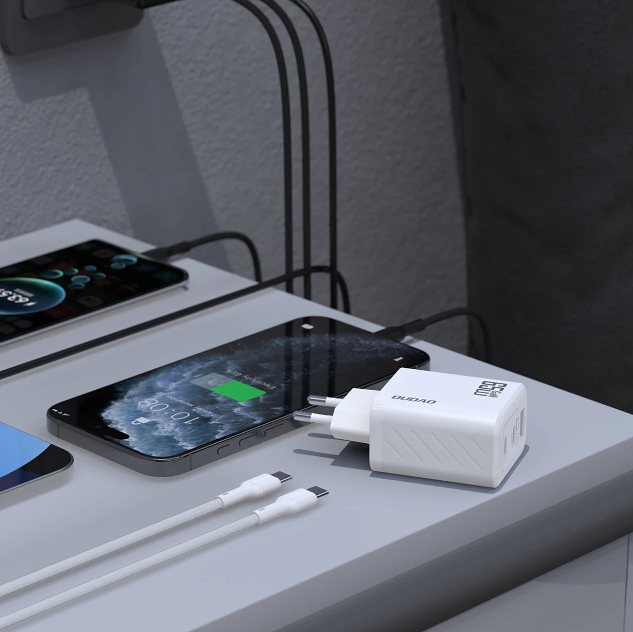 Karikues muri Dudao A29C, 65W, GaN, 3 porta (2x USB-C, 1x USB-A), me kabllo USB-C, Bardhë