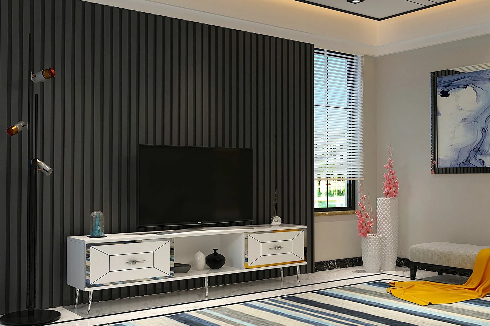 Komodë TV Skye Decor, Arno, e bardhë, argjend