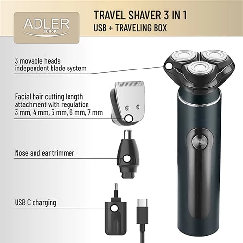 Makinë rroje, Adler, AD 2940 3 në 1, IPX7 Wet & Dry, LCD, USB-C, 60 min, me kuti udhëtimi