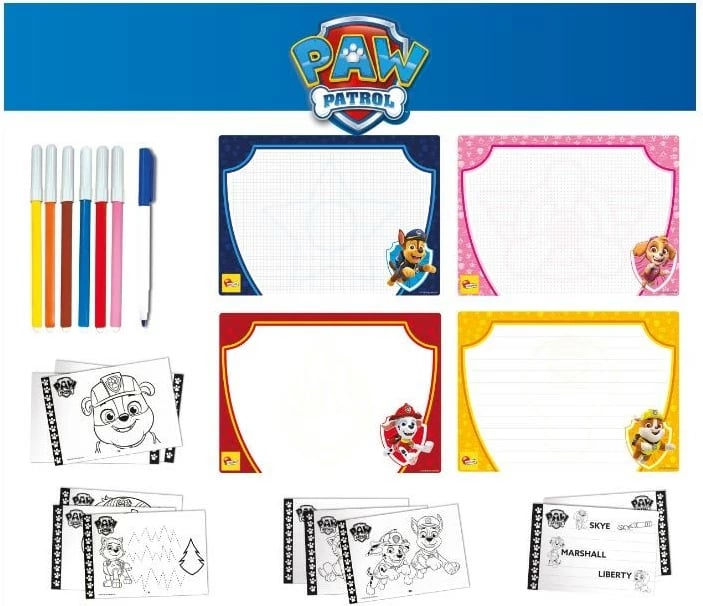 Set vizatimi Lisciani Paw Patrol, 4 tablica të fshirshme, marker, fletore ushtrimesh