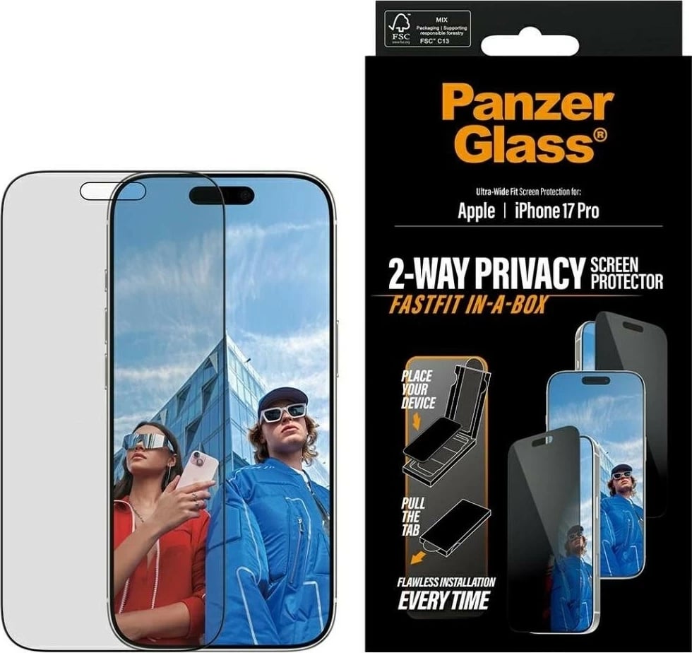 Mbështjellës PanzerGlass Ultra-Wide Fit Fastfit për iPhone 17 Pro, privacy glass, e zezë