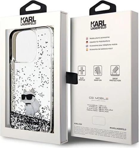 Mbështjellës Karl Lagerfeld Liquid Glitter Choupette për iPhone 14 Pro, transparent, argjendtë