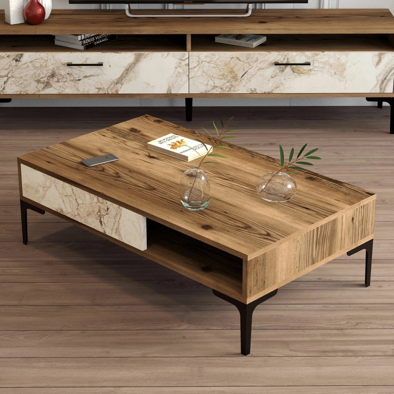 Tavolinë kafeje Hanah Home, Istanbul, ngjyrë arre dhe mermer i bardhë