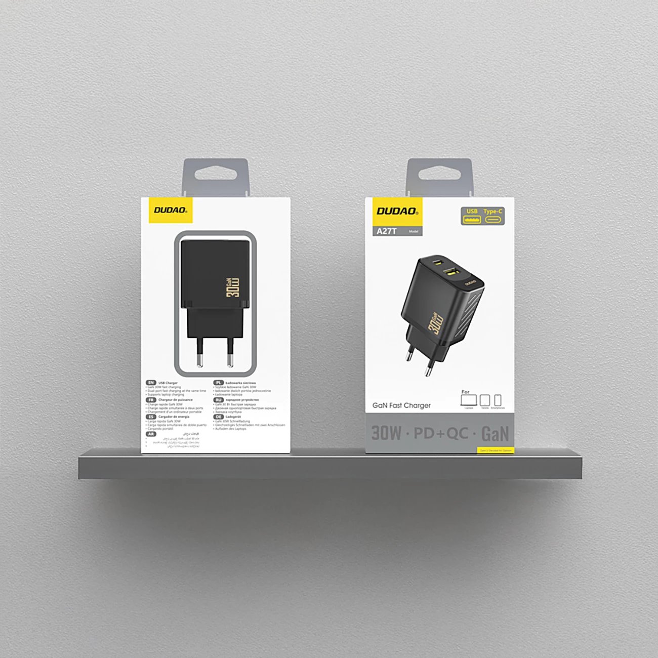 Karikues muri GaN, Dudao A27TEU, PD 30W, 2 porta USB-C/USB-A, prizë EU, e zezë