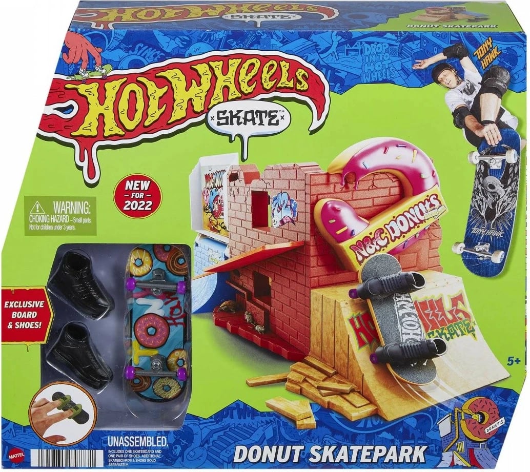Set lodrash Hot Wheels Skate Donut Skatepark, me fingerboard dhe këpucë gishti, shumëngjyrësh