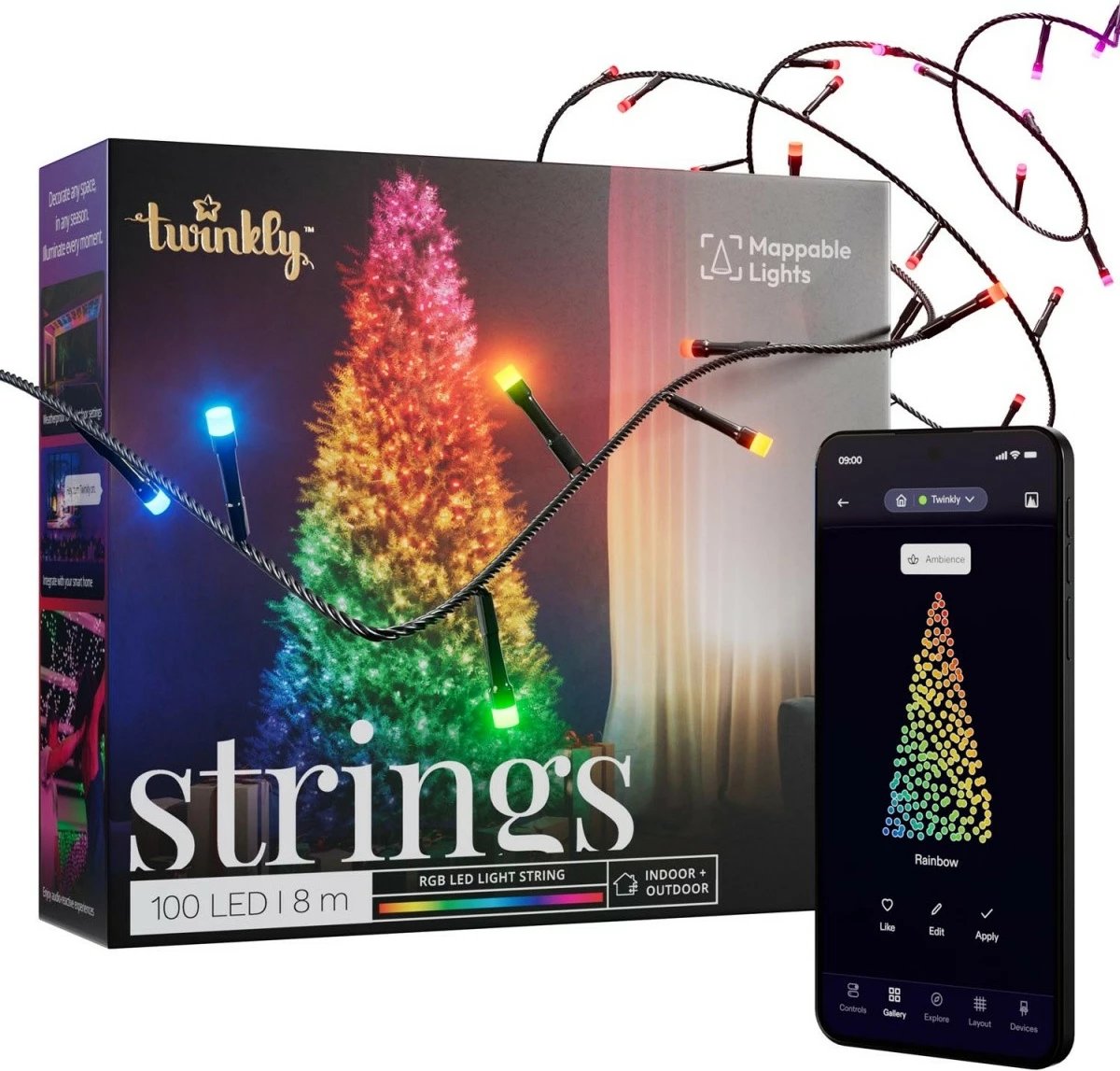 Drita dekorative Twinkly Strings, 100 LED RGB, 8 m, zinxhir, e zezë