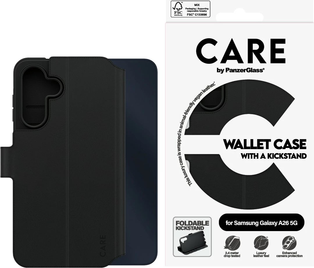 Mbështjellës PanzerGlass CARE Feature Wallet Case për Samsung Galaxy A26 5G, i zi