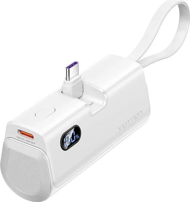 Powerbank Vention FHQW0, 4800mAh, 22.5W, me ekran LED, e bardhë