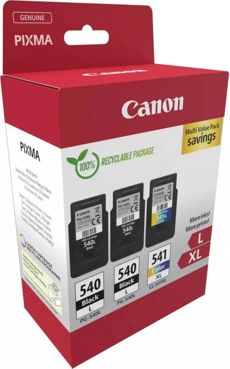 Kartrixh boje, Canon, PG-540L / CL-541XL 5224B015, 11 ml + 15 ml, rendiment 300/400 faqe, zezë + shumëngjyrësh, set 3 copë (2x PG-540L + 1x CL-541XL)