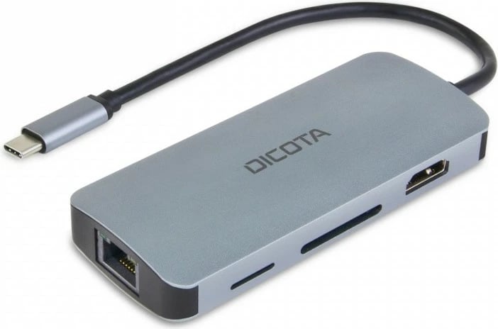 Hub USB‑C 8‑në‑1 DICOTA D32062 4K, PD 100W, HDMI, RJ‑45, 3x USB‑A, USB‑C, lexues SD/microSD argjendtë
