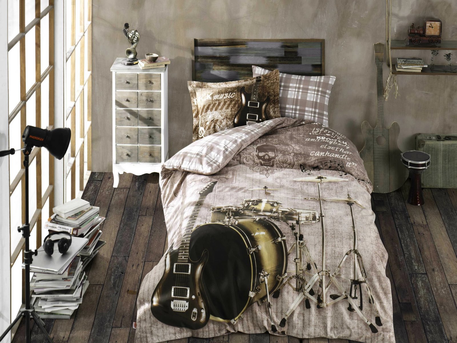 Set mbulesë poplin për jorgan, njësh, motiv rock, ngjyrë kafe