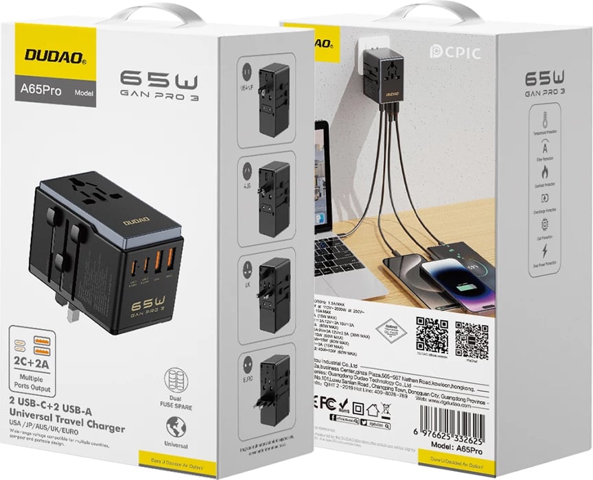Adapter udhëtimi Dudao A65Pro, 65W, 2x USB-C, 2x USB-A, i zi