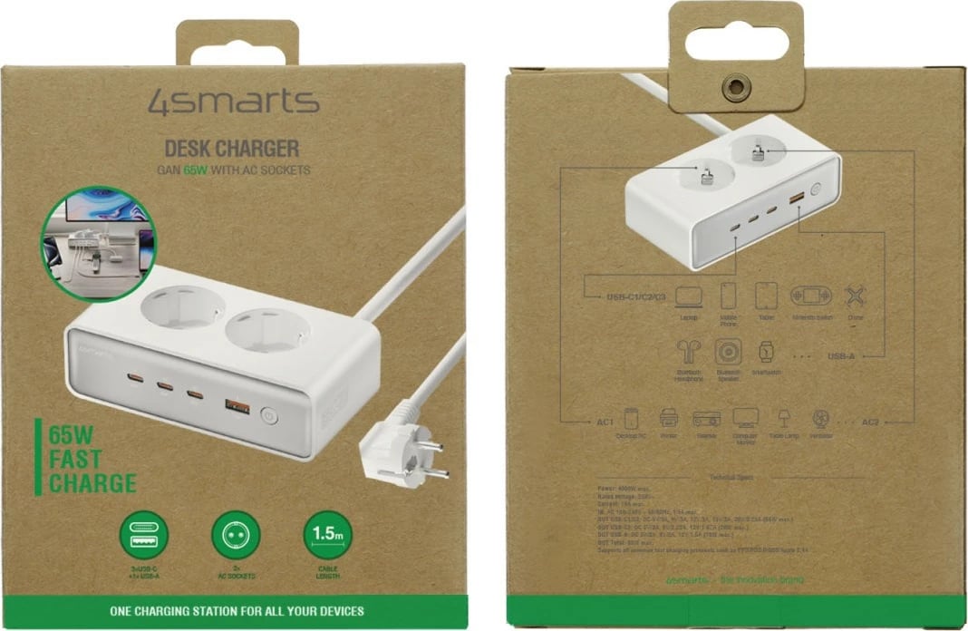 Stacion karikimi 6-në-1 4smarts 540065, 65W, 3x USB-C, 1x USB-A, 2x prizë AC, 1.5m, argjendtë/bardhë