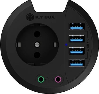 Hub desktop IcyBox IB-HUB1430, 4x USB 3.0, audio in/out, prizë 220V, zi