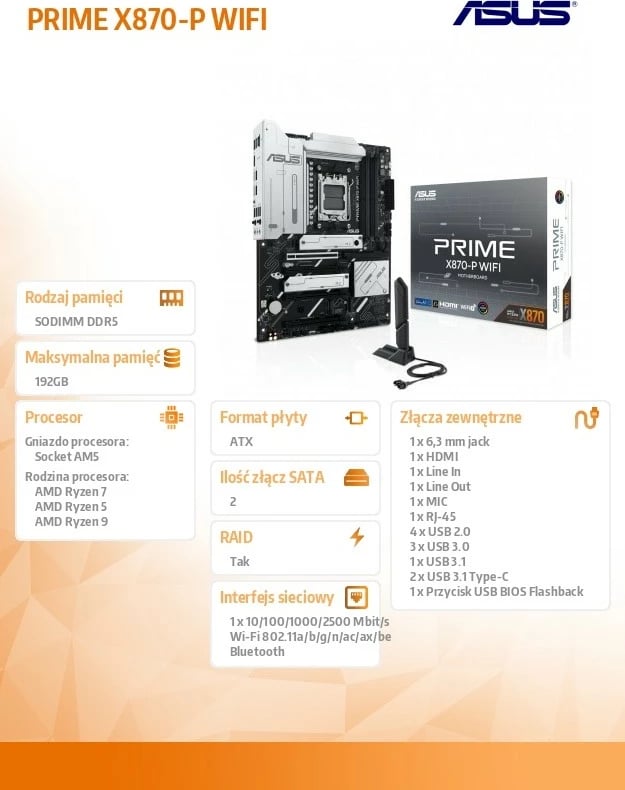 Pllakë amë Asus PRIME X870-P WIFI, Socket AM5, DDR5, ATX, e zezë
