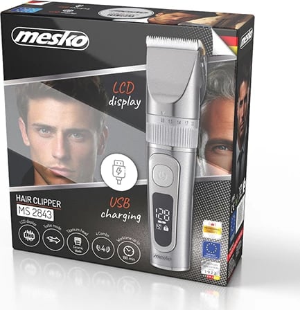 Prerëse flokësh, Mesko, MS 2843, LCD, IPX6, bateri 2000 mAh deri 180 min, karikim USB, teh titan me teh keramik, me krehra 3–12 mm, argjendtë