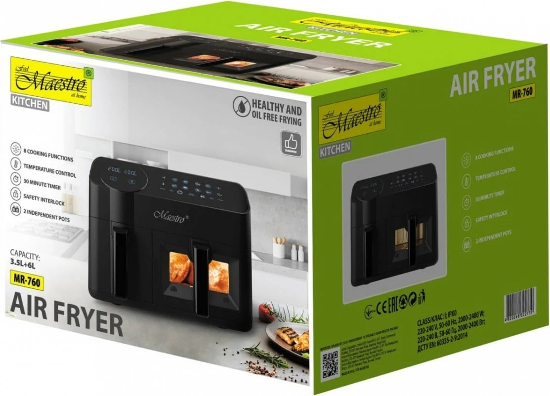 Fritezë me ajër e dyfishtë, Feel-Maestro, MR-760, 9.5L (3.5L+6L), 2400W, 8 programe, ekran LCD, e zezë