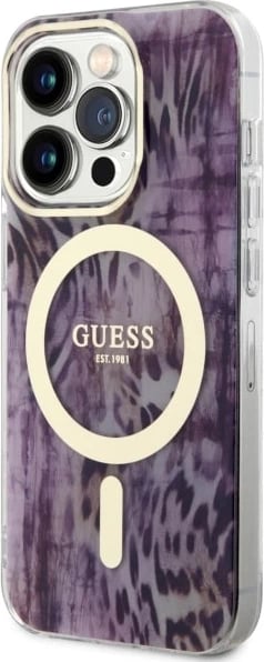 Mbështjellës Guess Leopard MagSafe për iPhone 14 Pro Max 6.7", rozë