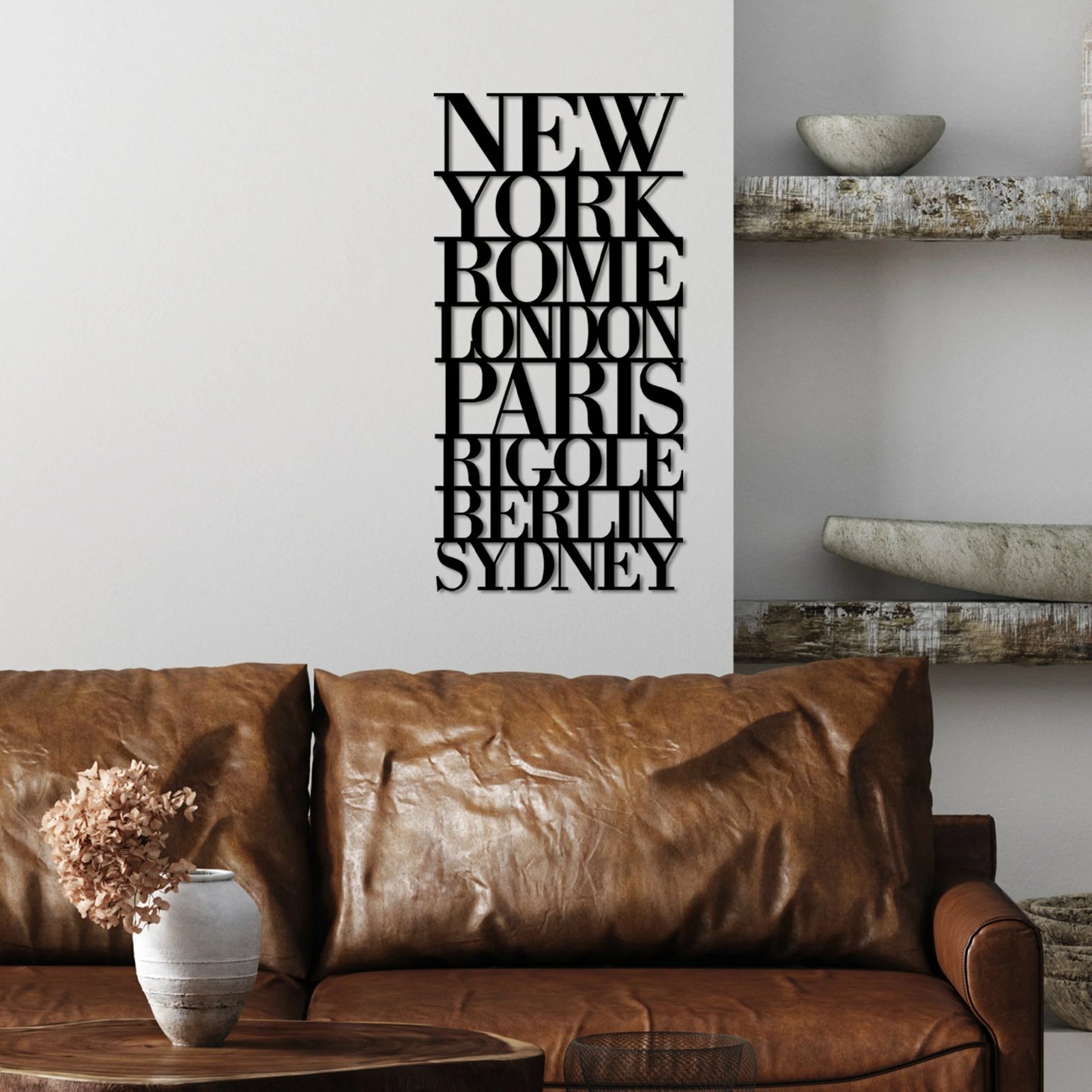 Aksesor dekorativ metalik për mur, Wallity, emrat e kryeqyteteve, ngjyrë e zezë, 57x28cm