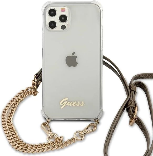 Mbështjellës Guess GUHCP12MKC4GSGO për iPhone 12/12 Pro 6.1", transparent me zinxhir të artë